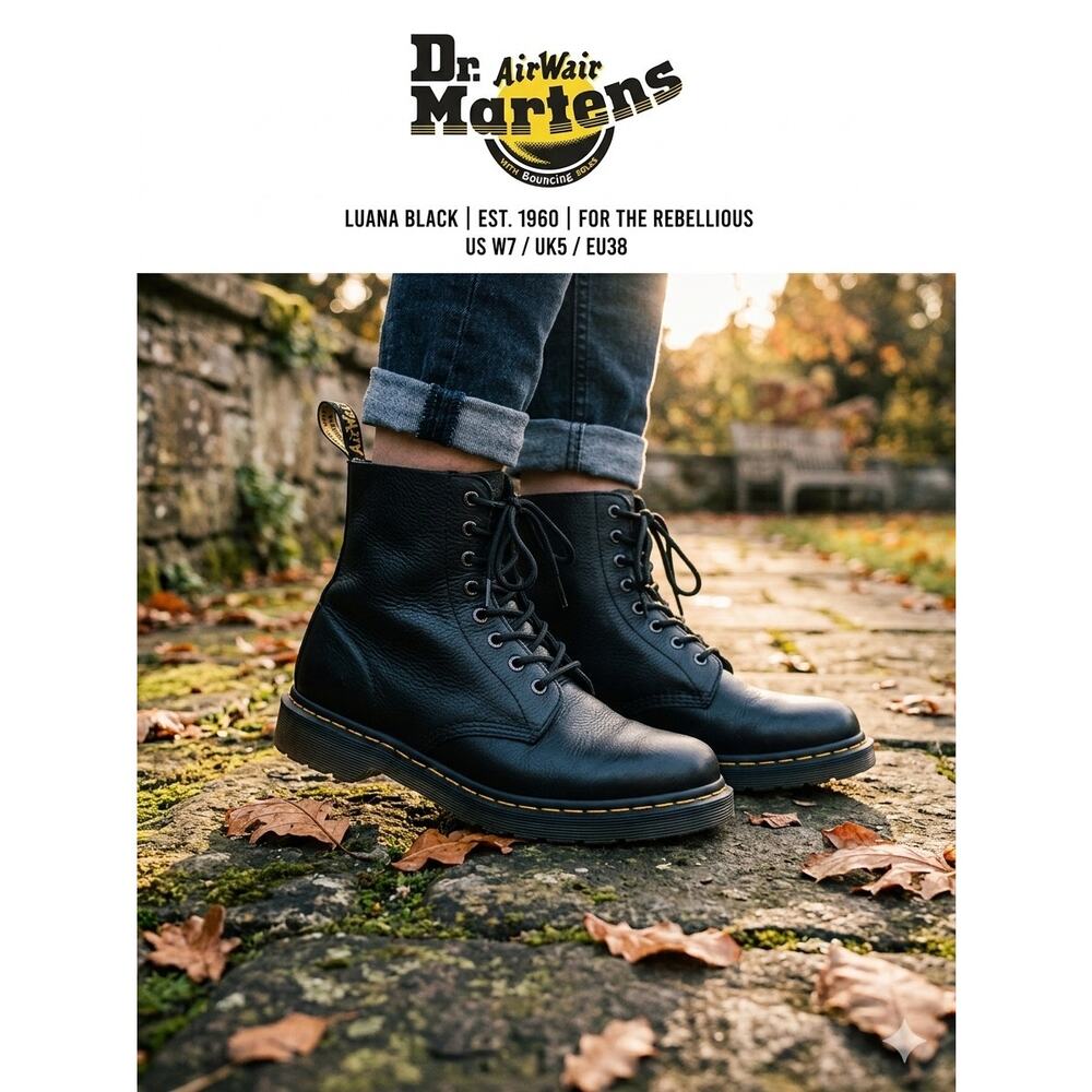 Dr. Martens Luana Black Leather Lace-Up Combat Boots